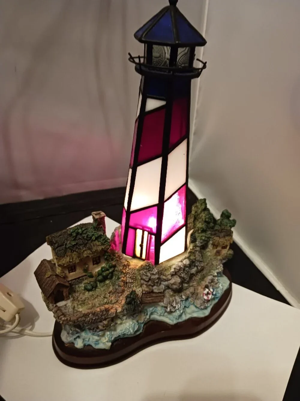 Vintage Stained Glass Lighthouse with Resin Houses on beach on Wood Base